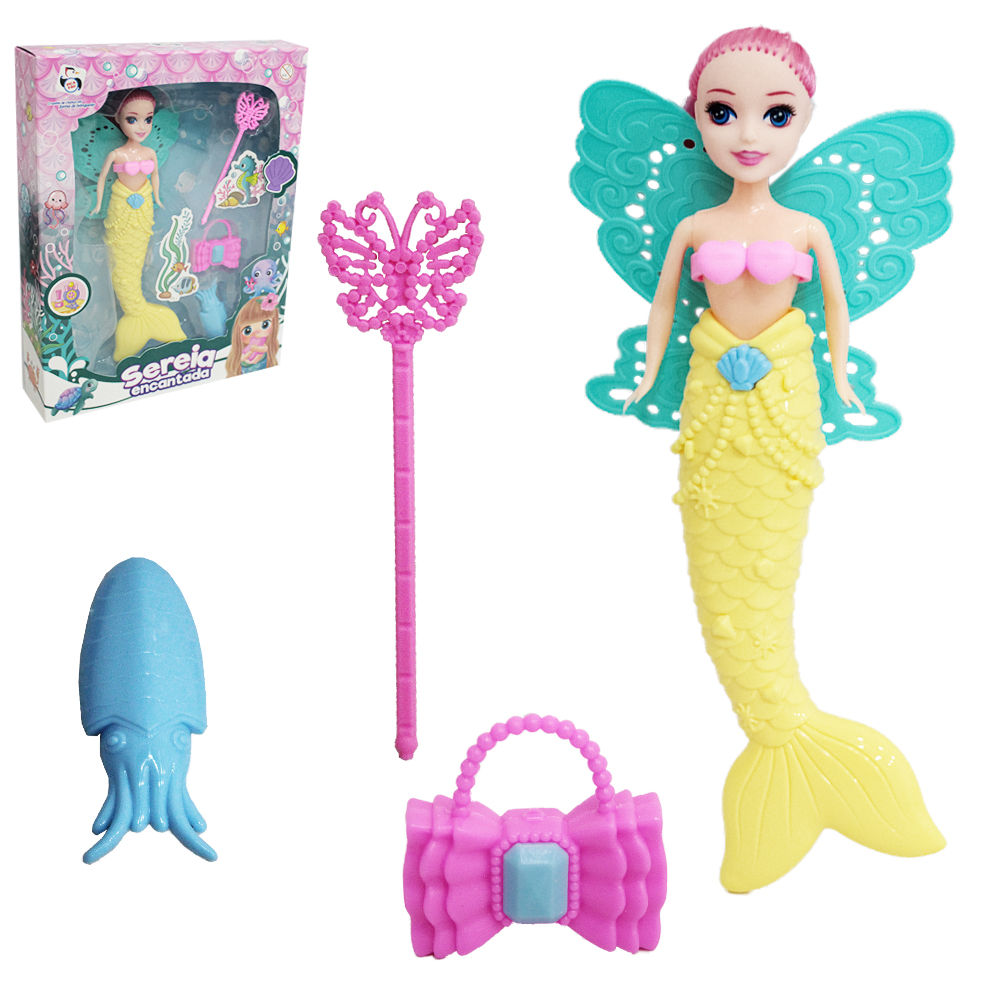 BONECA FADA / SEREIA ENCANTADA COM VARINHA MAGICA / CETRO + BOLSA E CAVALO MARINHO