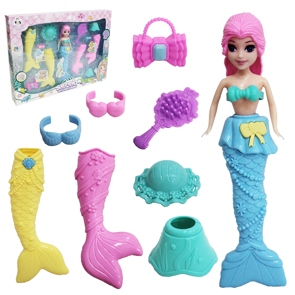 BONECA SEREIA ENCANTADA TROCA ROUPA DE PLASTICO COM CHAPEU + ESCOVA E ACESSORIOS 12 PECAS