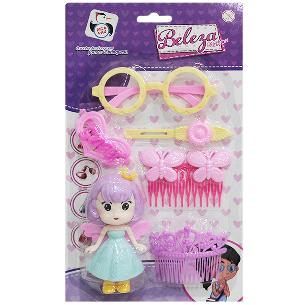 KIT BELEZA INFANTIL COM BONECA FADA + OCULOS E ACESSORIOS BELEZA FASHION 6 PECAS