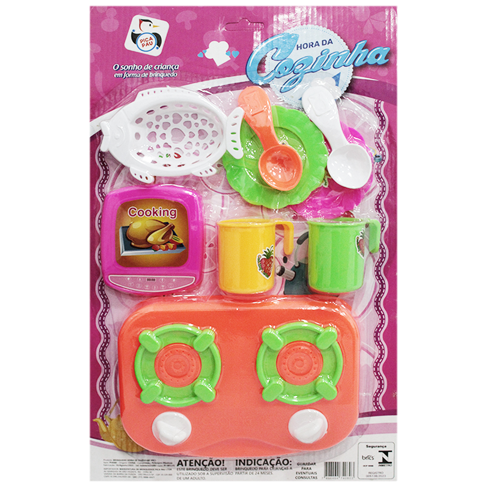 KIT COZINHA INFANTIL COM FOGAO + 2 PRATOS E ACESSORIOS HORA DA COZINHA 9 PECAS