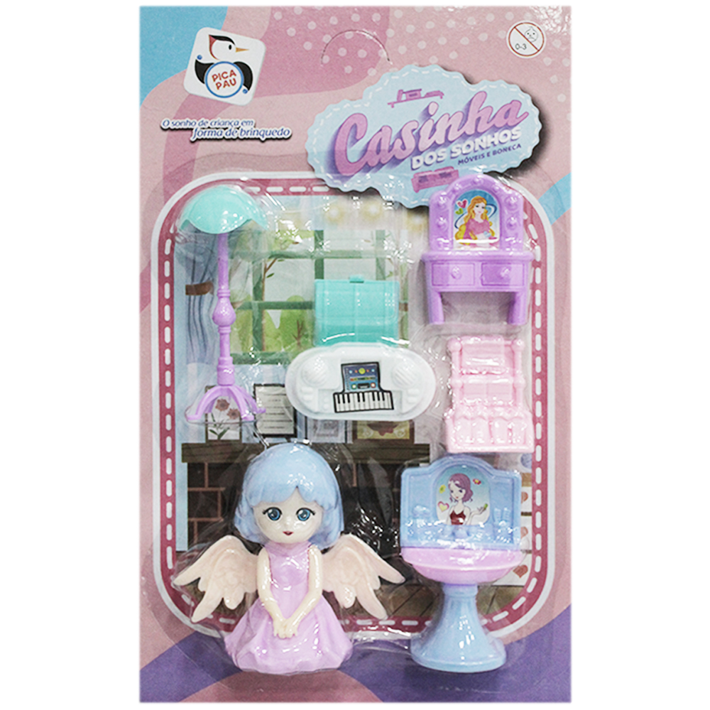 KIT MOVEIS INFANTIL COM BONECA FADA + ACESSORIOS CASINHA DOS SONHOS 7 PECAS