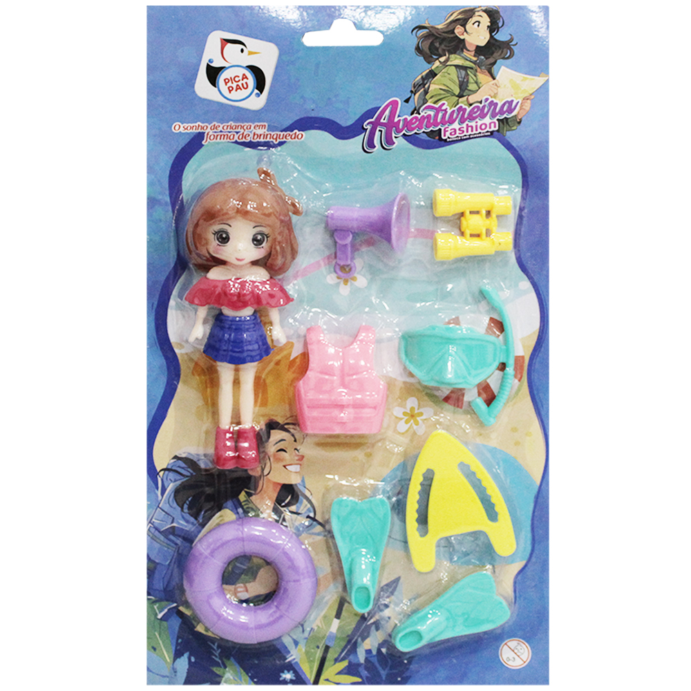 BONECA AVENTUREIRA FASHION COM BINOCULO + ACESSORIOS 9 PECAS