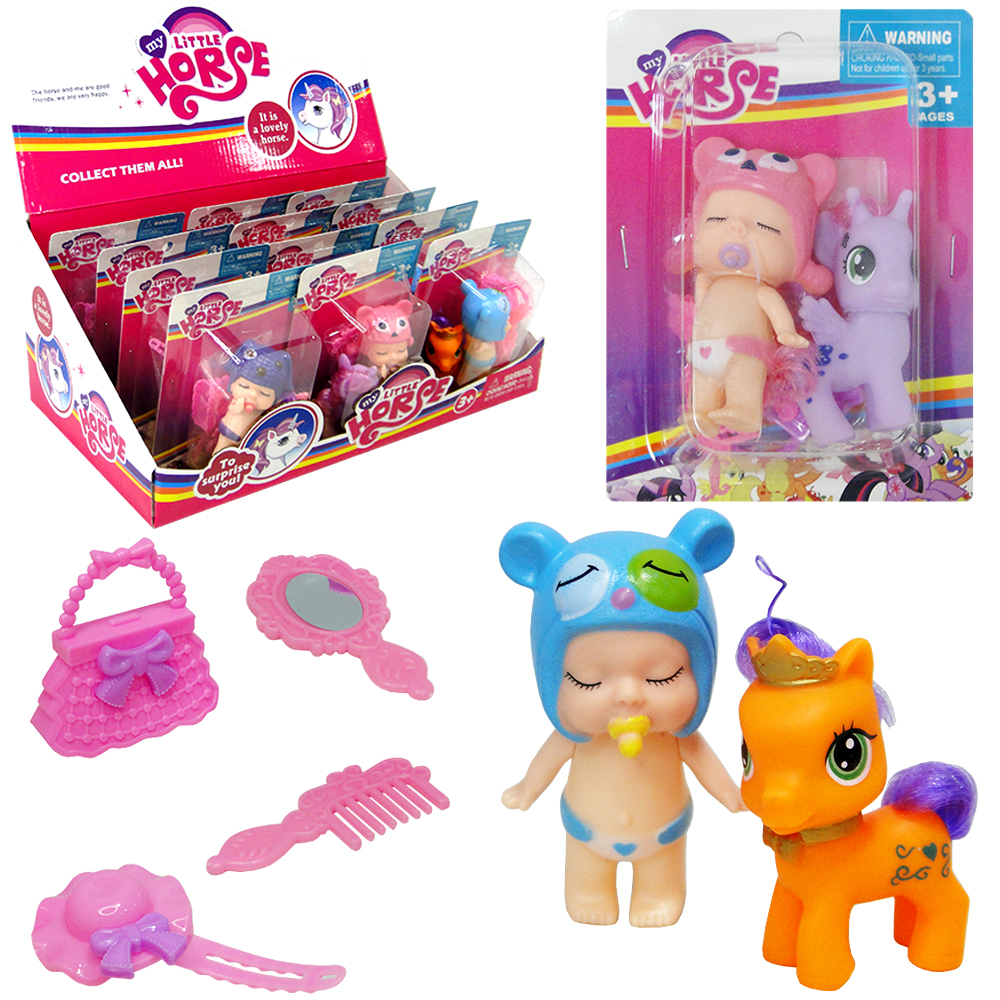 BONECA COM UNICORNIO / PONEY DE VINIL COM CRINA E CALDA + PENTE E ACESSORIOS LITTLE HORSE 6 PECAS