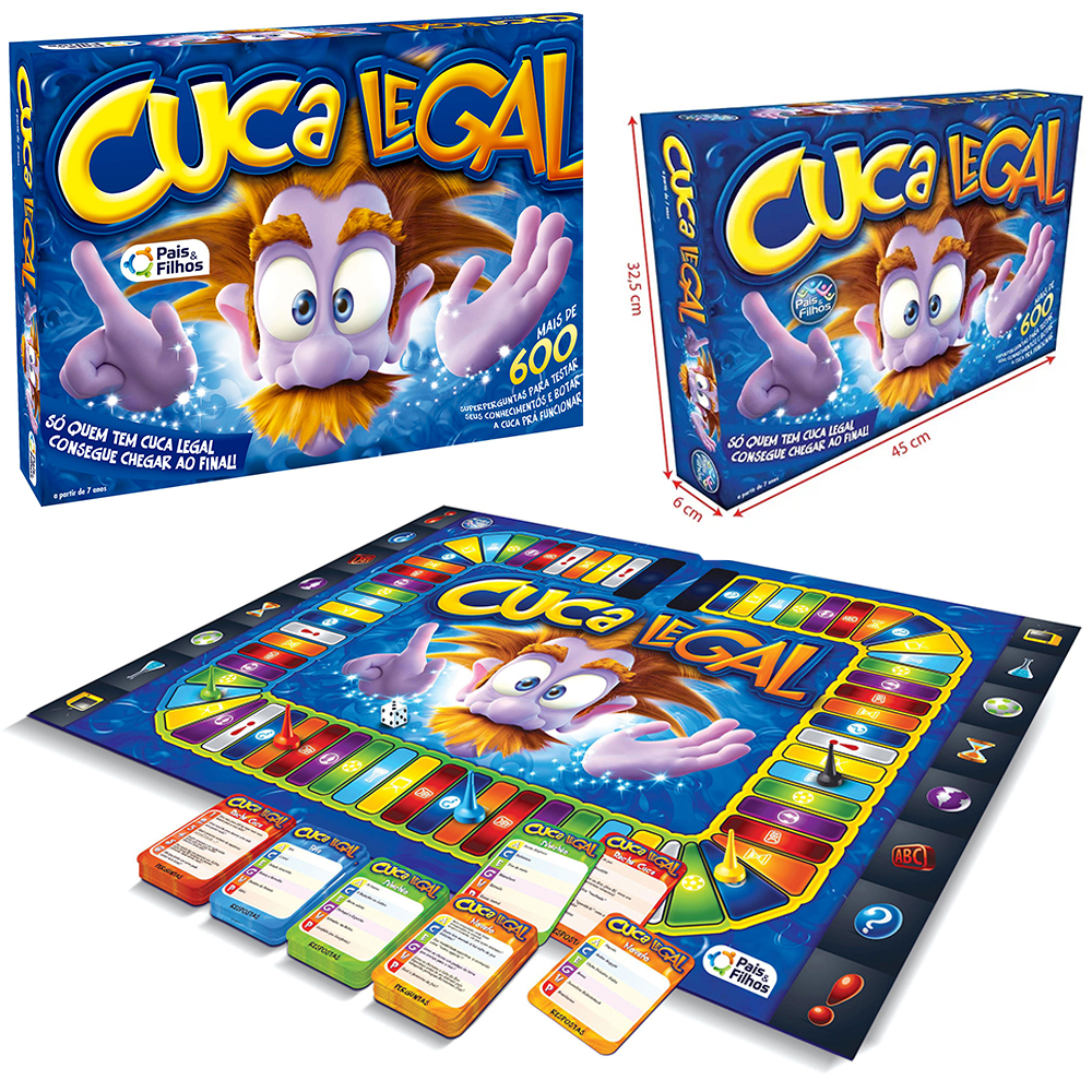 JOGO CUCA LEGAL JOGO COM 672 PERGUNTAS + TABULEIRO + 6 PEOES E DADO 