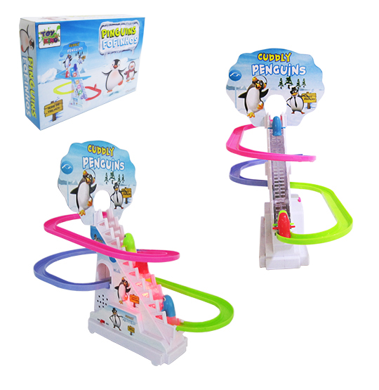 PISTA / ELEVADOR PINGUINS FOFINHOS COM SOM E LUZ A PILHA NA CAIXA