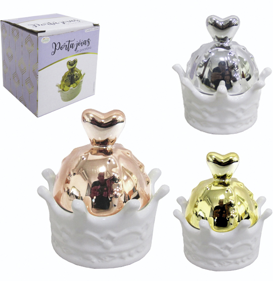 PORTA JOIAS CORACAO DE PORCELANA REDONDO METALIZADO 8,5X6,5CM DE Ø