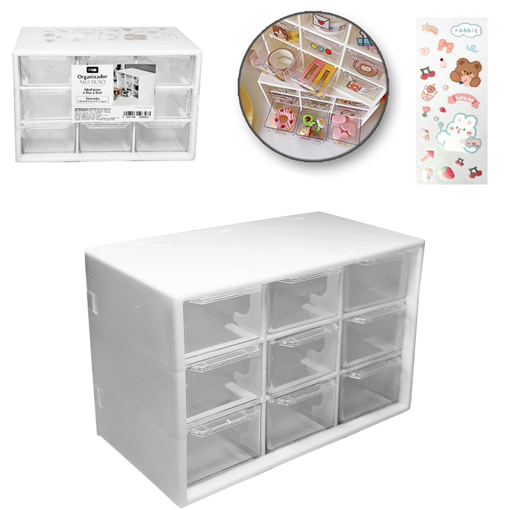 CAIXA ORGANIZADOR PLASTICO RETANGULAR MESA / PAREDE COM 9 GAVETAS + ADESIVO MULTIUSO 18X11,8X9,5CM