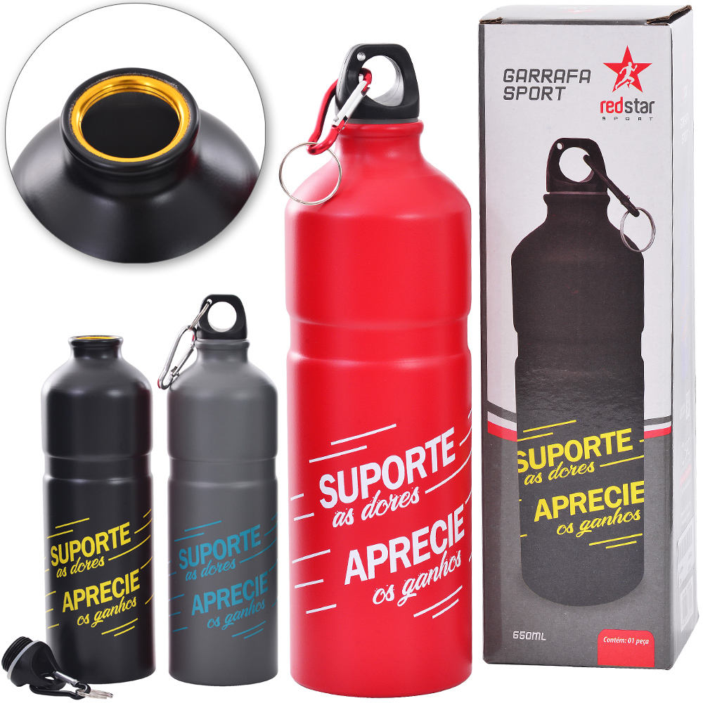 GARRAFA SQUEEZE DE ALUMINIO SPORT SUPORTE AS DORES APRECIE OS GANHOS COM MOSQUETAO 650ML