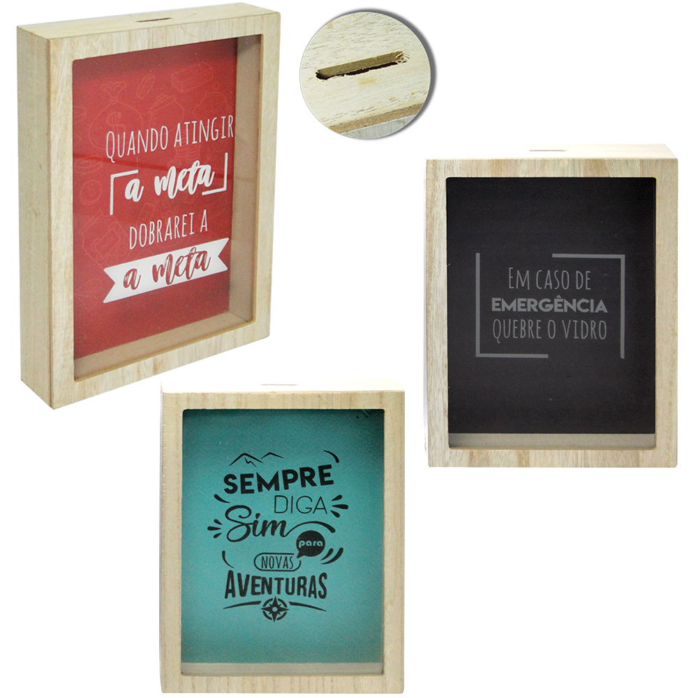 QUADRO COFRE DECORATIVO DE MADEIRA MDF FRASES SORTIDAS 25X18X4CM