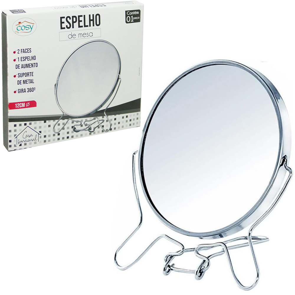 ESPELHO DE MESA REDONDO DUPLA FACE 4,5'' 12CM DE Ø COM PEDESTAL ARAMADO 