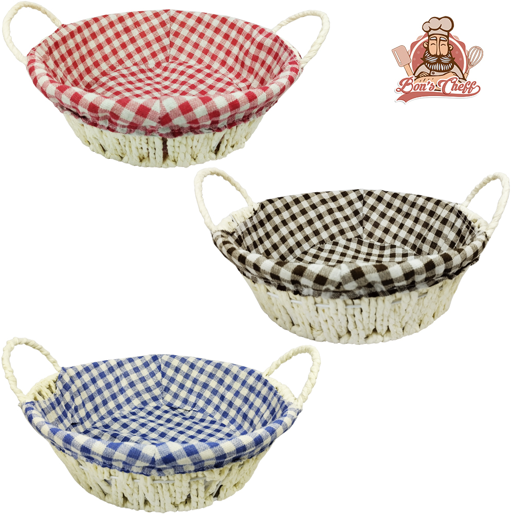 CESTA ARAMADO E FIBRA DE CELULOSE REDONDA COM ALCA + FORRO XADREZ 28X24X8CM BONS CHEFF