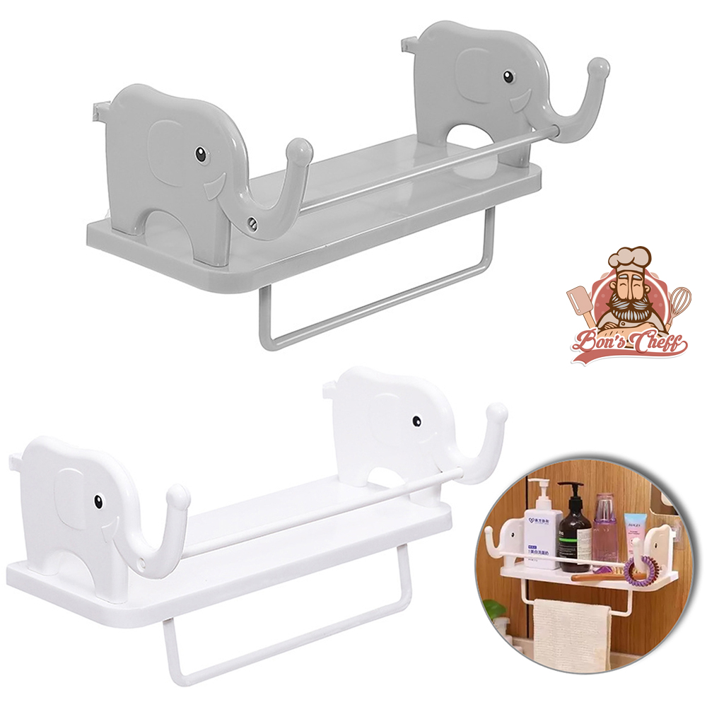PRATELEIRA RETANGULAR DE PLASTICO ELEFANTE COM SUPORTE PORTA TOALHA AUTOADESIVO 32,5X13CM