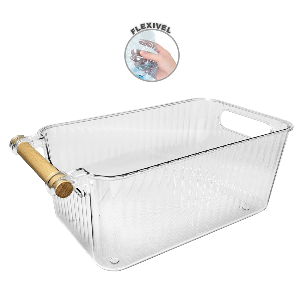 CAIXA ORGANIZADOR DE PLASTICO PET FLEXIVEL COM ALCA DE MADEIRA 28X15,5X11CM