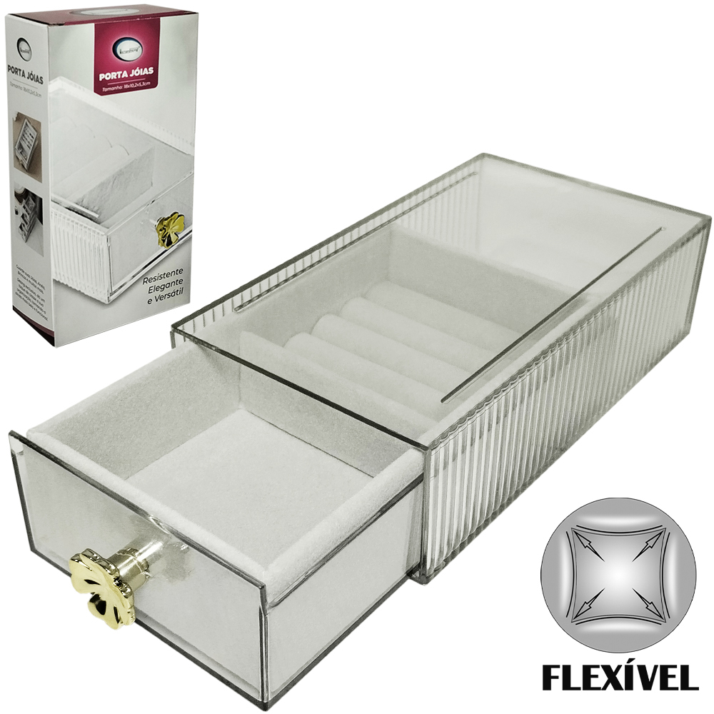 PORTA JOIAS DE POLIESTER / PLASTICO PET FLEXIVEL RETANGULAR COM 1 DIVISORIA 18X10,2X5,3CM