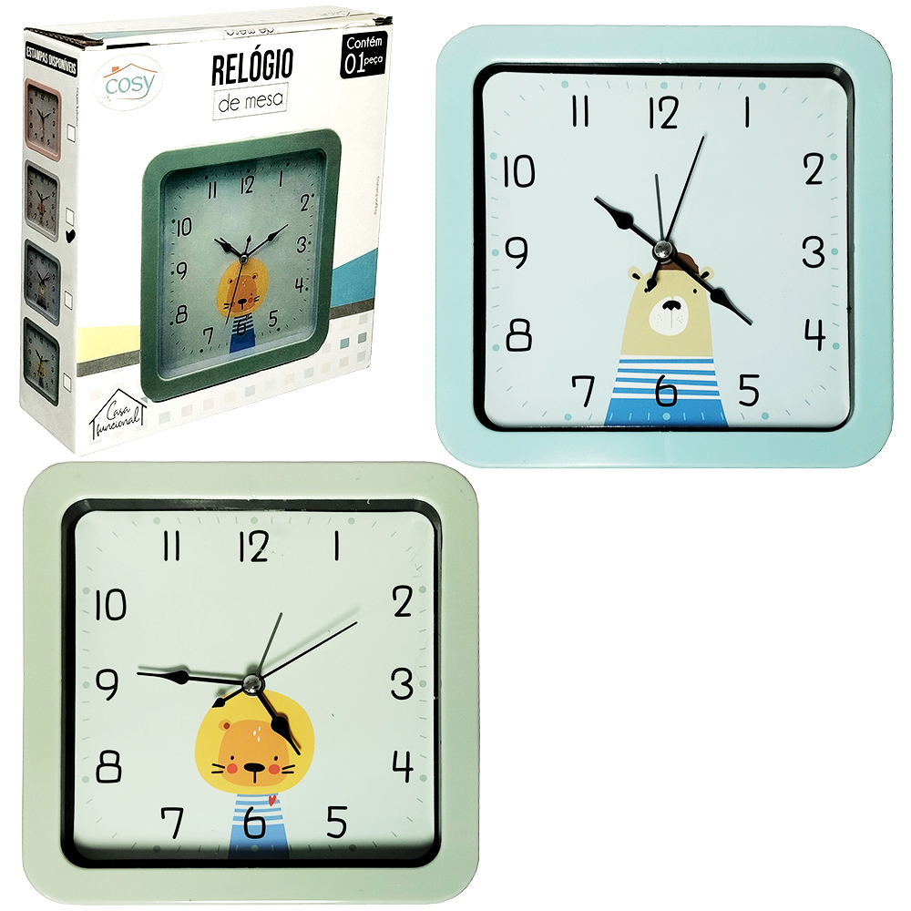 RELOGIO DESPERTADOR DE MESA / PAREDE QUADRADO BICHINHOS 15,2CM