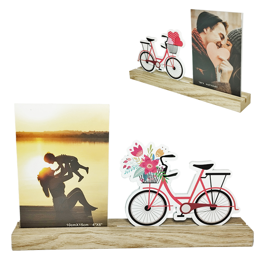 PORTA RETRATO 10X15 COM BICICLETA + BASE DE MADEIRA 27X16X3,8CM