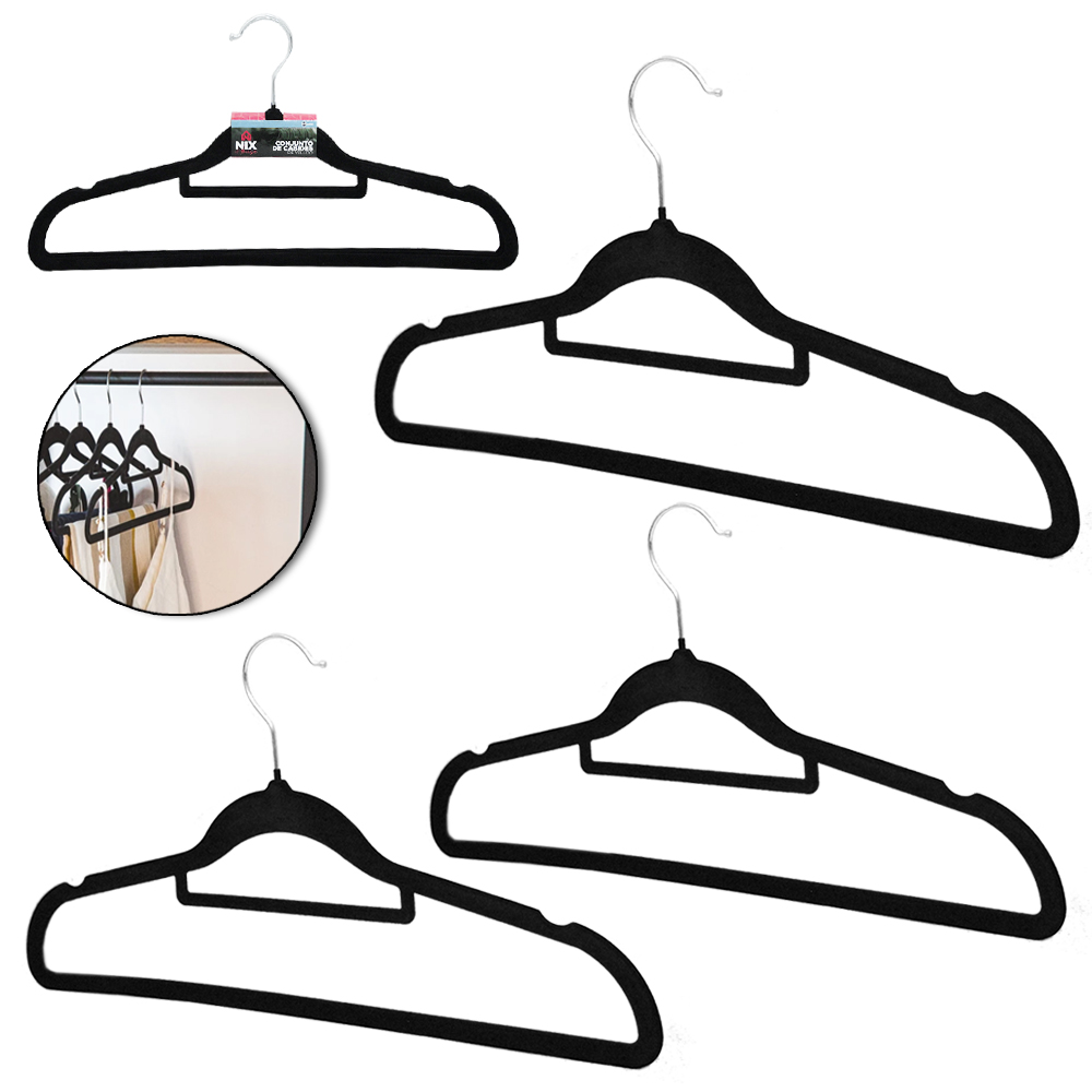CABIDE ROUPA DE PLASTICO REVESTIDO EM VELUDO COM CAVA PRETO 3 PECAS 41X22CM 5MM