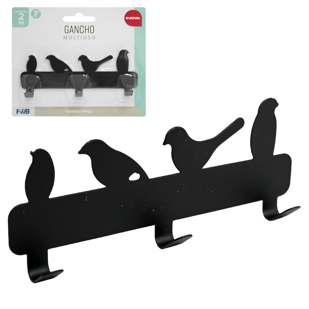 CABIDE GANCHO DE METAL PASSAROS TRIPLO AUTOADESIVO INOVA PRETO 13X5,5X2CM