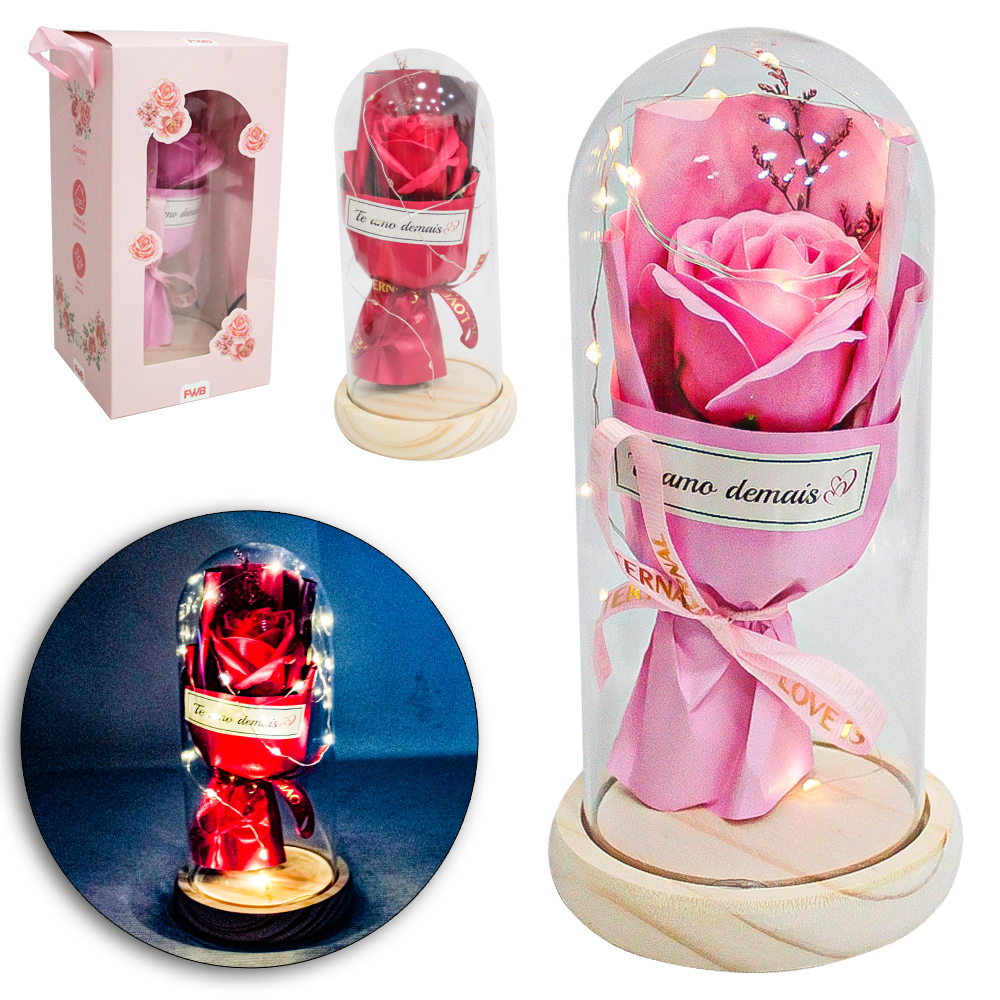 ENFEITE CUPULA COM BUQUE TECIDO + MICRO LED E BASE DE MADEIRA A PILHA 21,2X10,8CM DE Ø