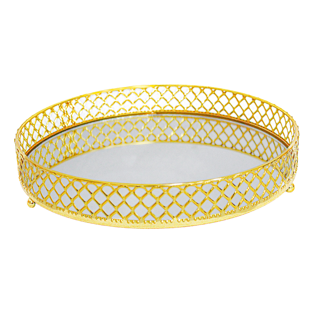 BANDEJA DE METAL COM ESPELHO REDONDO DECORATIVA METALIZADO DOURADO CASA 4,5X25CM DE Ø