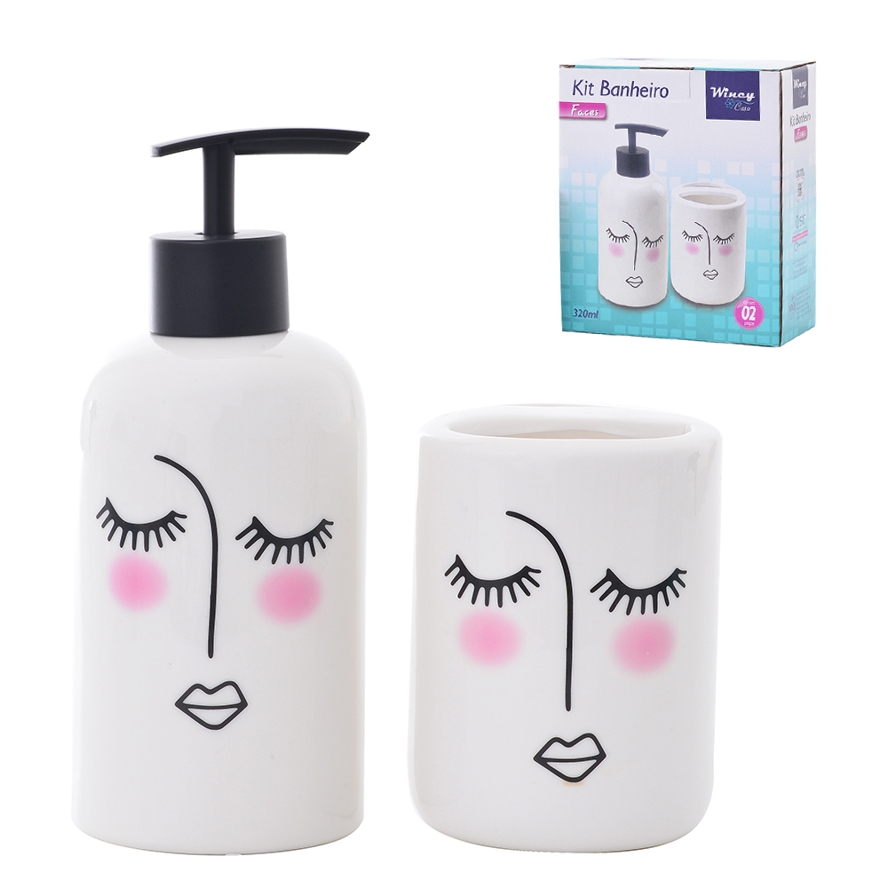 JOGO PARA BANHEIRO DE PORCELANA REDONDO FACES COM 2 PECAS 320ML