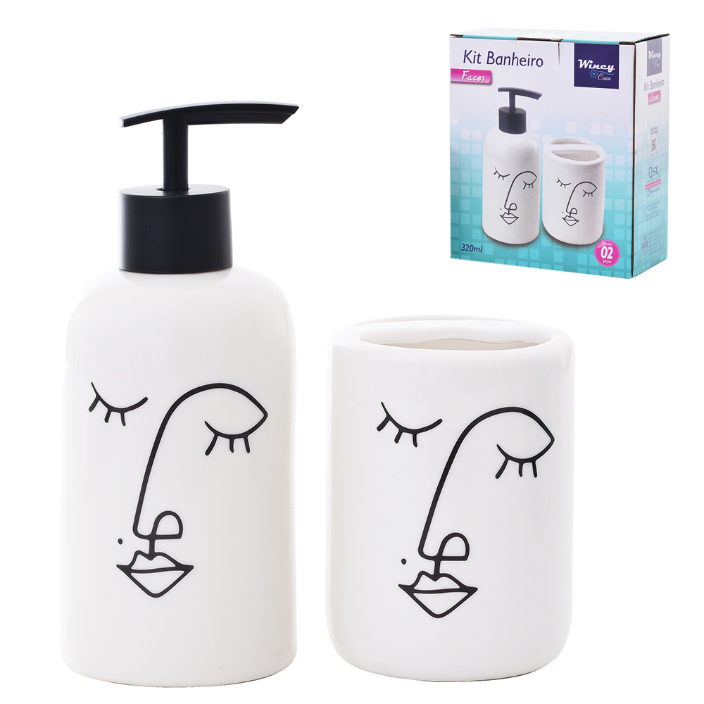 JOGO PARA BANHEIRO DE PORCELANA REDONDO FACES COM 2 PECAS 320ML