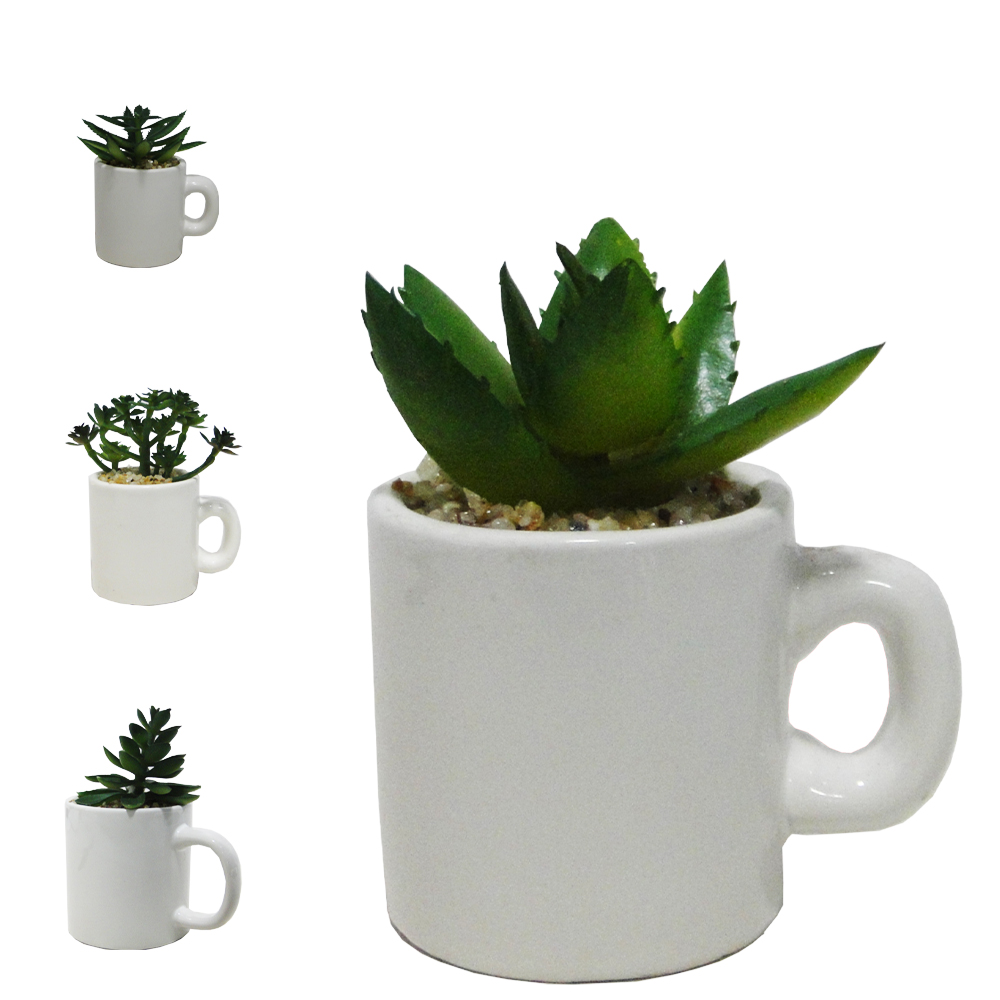 FLOR ARTIFICIAL SUCULENTA COM VASO DE PORCELANA CANECA 10X5,5CM 