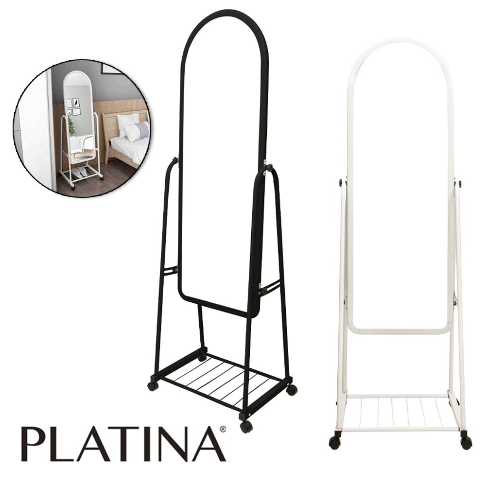 ESPELHO DE CHAO EMOLDURADO OVAL DE METAL COM PRATELEIRA + BASE RODIZIO 160X50,5X37CM
