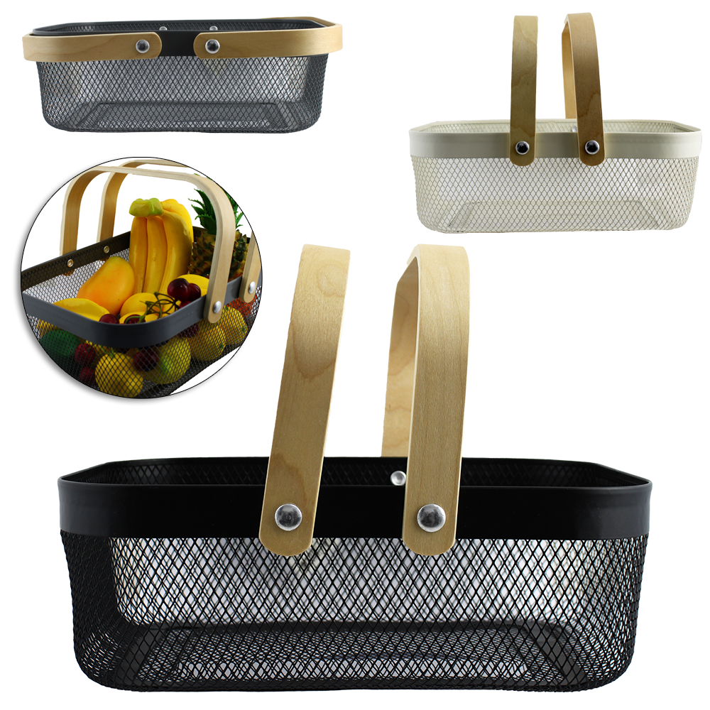 CESTO ORGANIZADOR ARAMADO RETANGULAR MULTIUSO COM ALCA DE MADEIRA 32X24,5X11CM