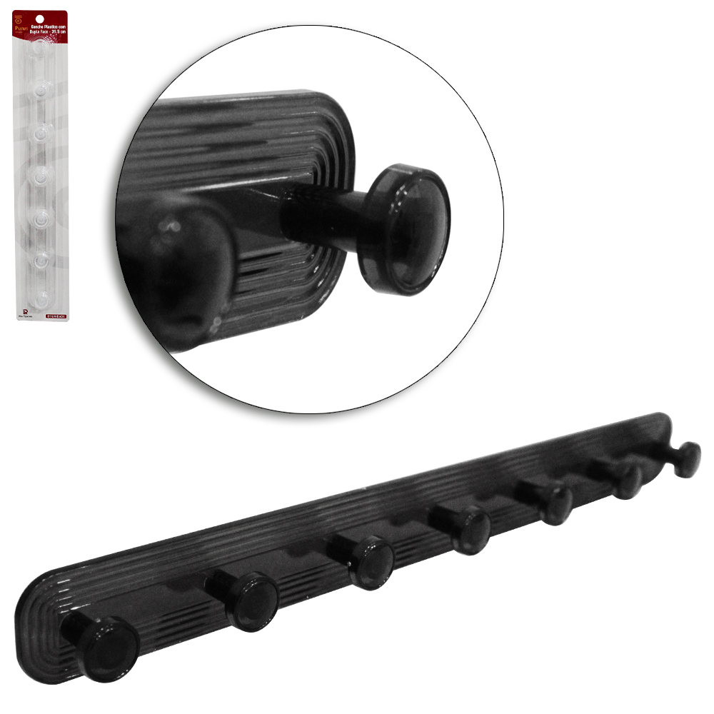 CABIDE GANCHO DE PLASTICO OVAL COM 7 GANCHOS AUTOADESIVO PRETO / TRANSPARENTE 39,5X4X2,5CM