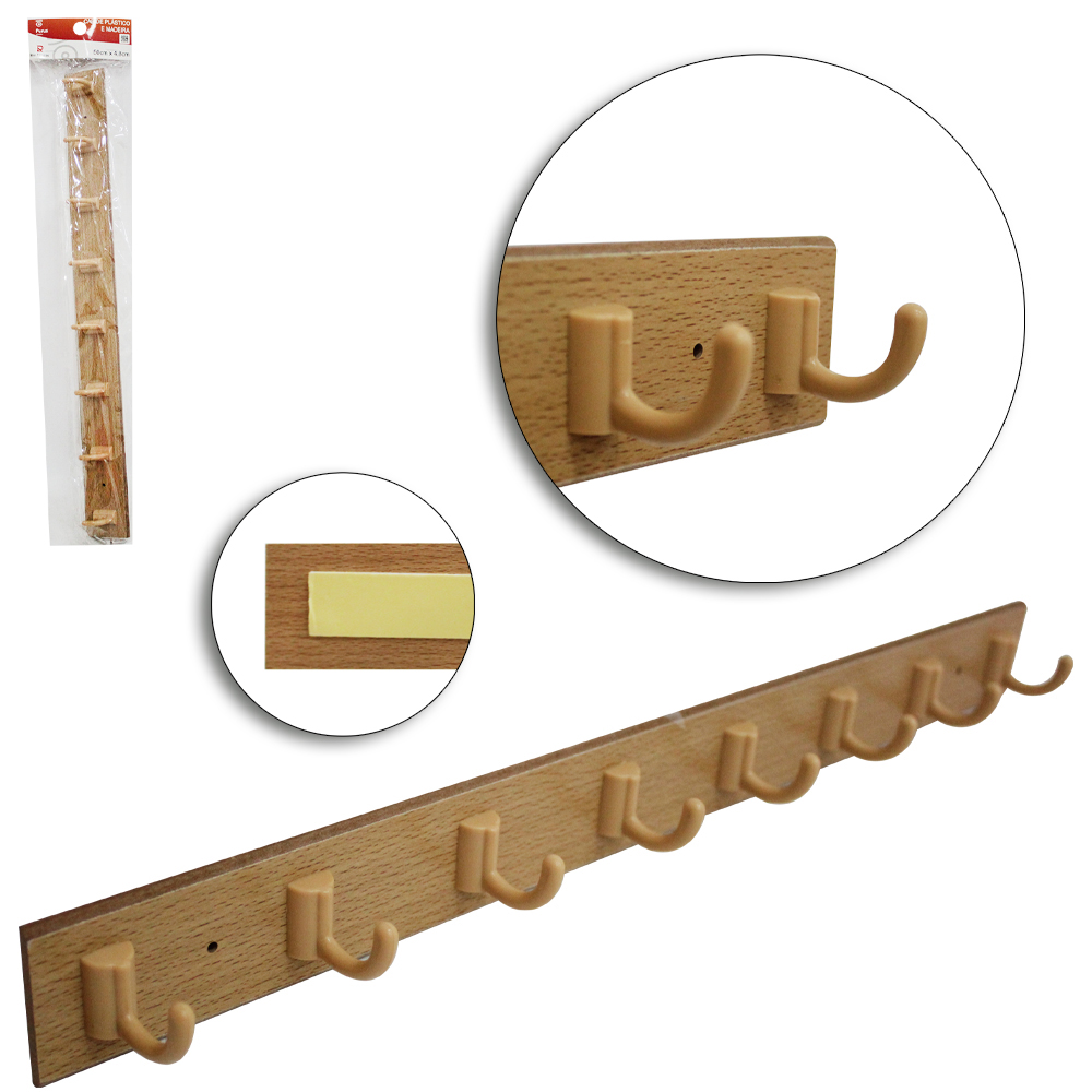 CABIDE GANCHO DE PLASTICO RETANGULAR COM 8 GANCHOS TIPO MADEIRA AUTOADESIVO 50X4,8X4,5CM