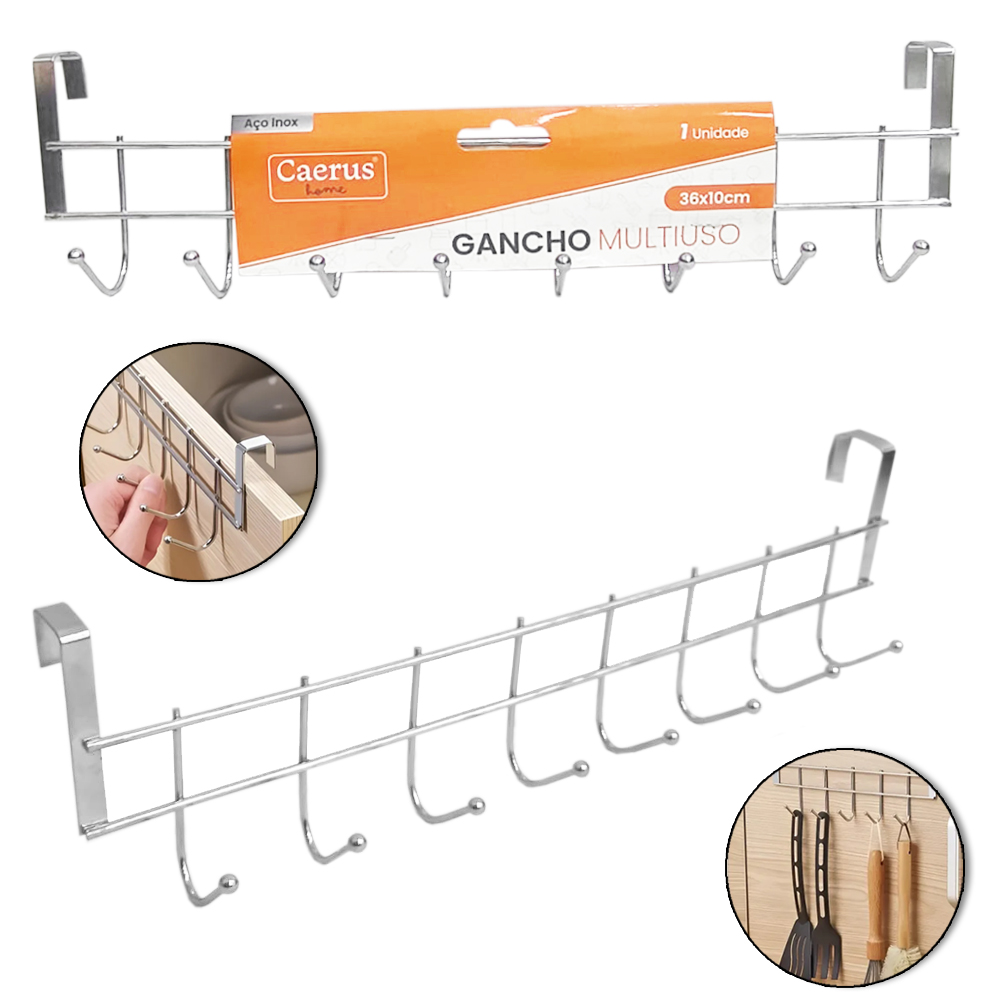 CABIDE GANCHO ARAMADO PARA PORTA COM 8 GANCHOS CROMADO 36X10X6,5CM