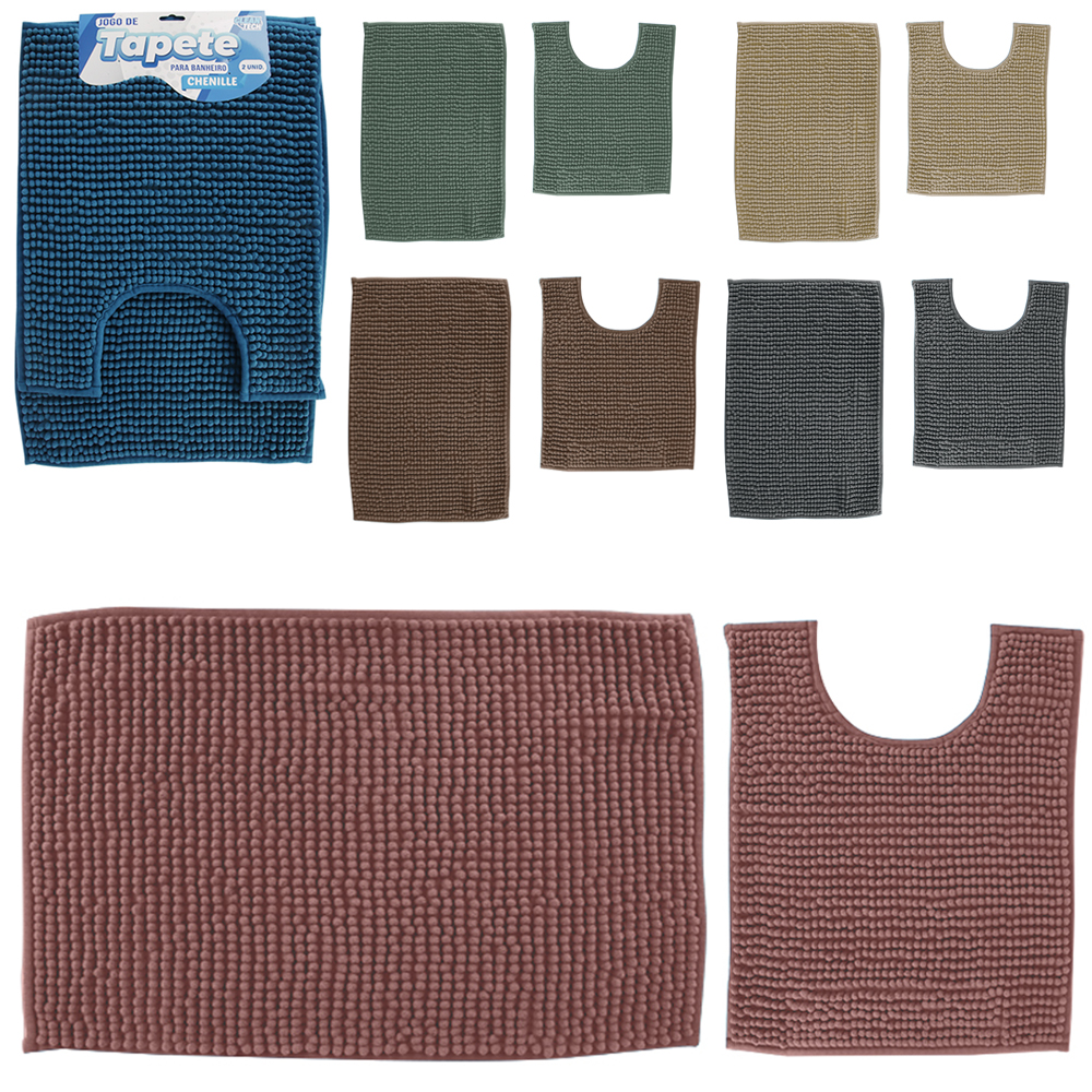 JOGO DE TAPETE DE PISO DE PELUCIA PARA BANHEIRO CHENILLE ANTIDERRAPANTE CLEAN TECH COM 2 PECAS