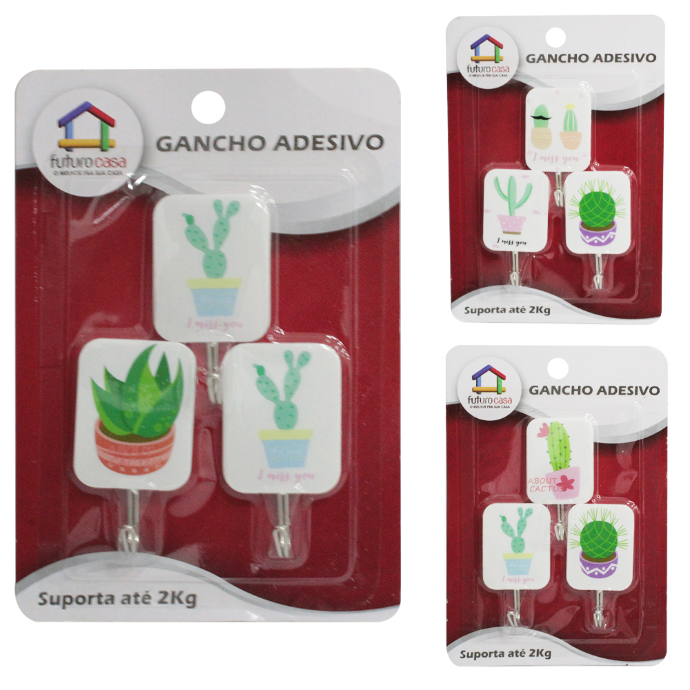 CABIDE GANCHO DE METAL RETANGULAR AUTOADESIVO COM 3 PECAS 7X3,8CM