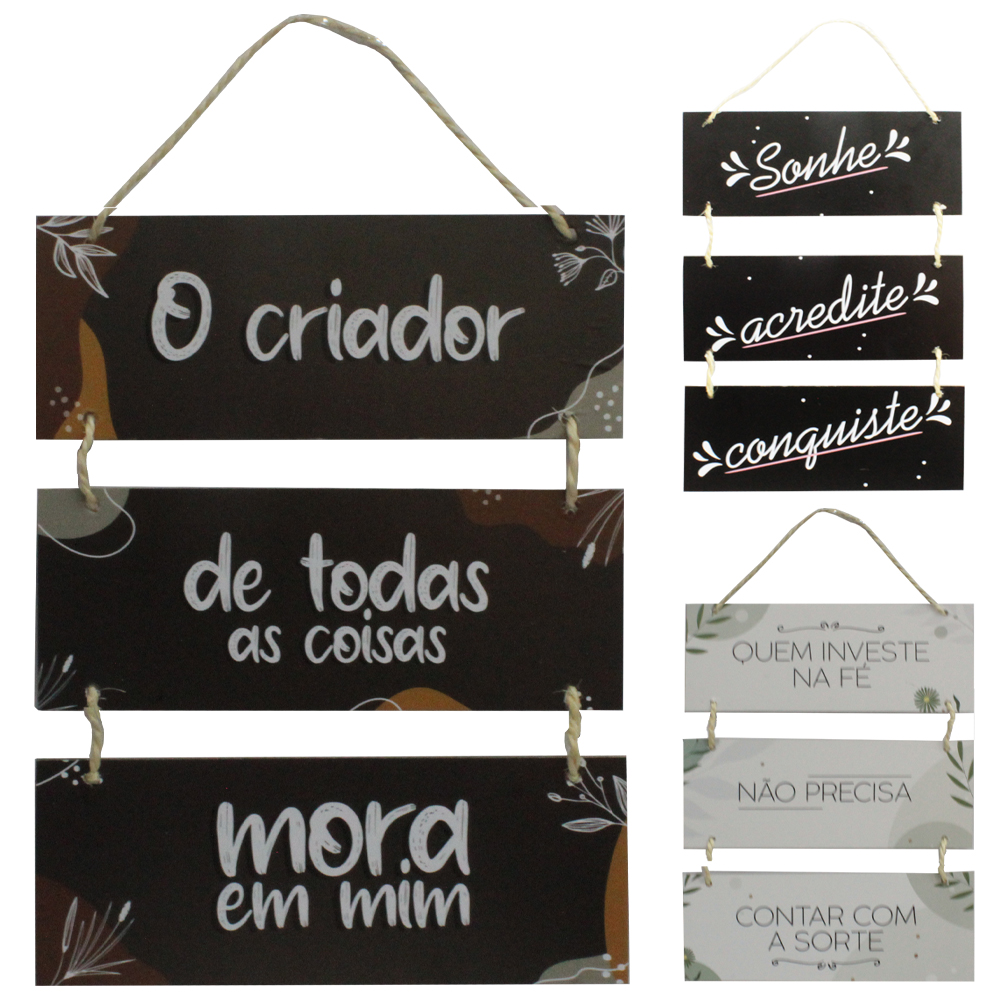 ENFEITE PLACA DE MADEIRA FRASES PARA PENDURAR 35X25CM