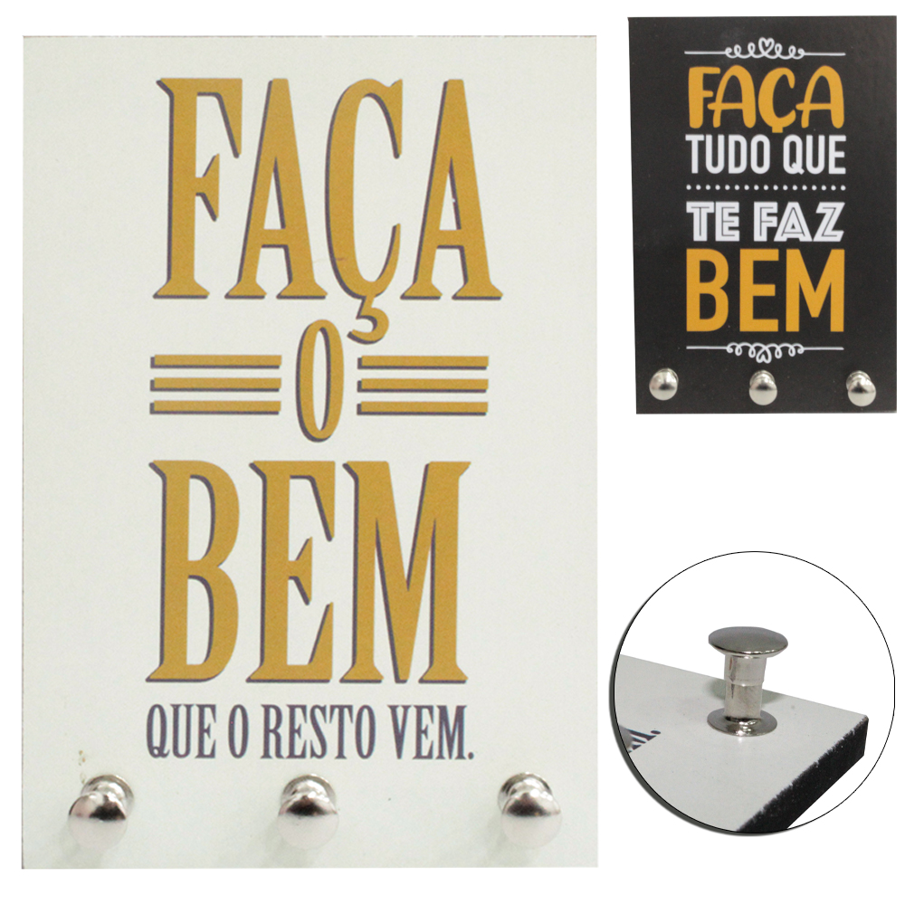 PORTA CHAVE DE MADEIRA RETANGULAR COM 3 GANCHOS DE METAL 15X10CM