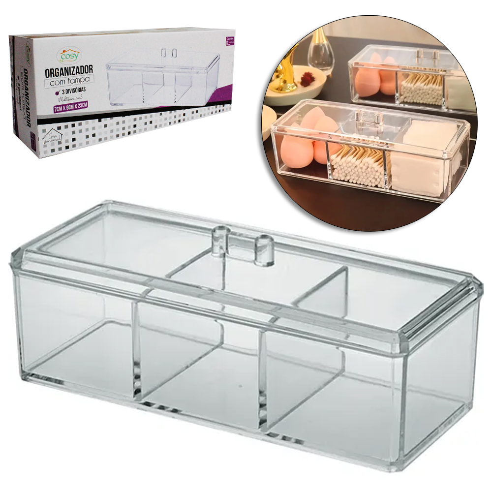 ORGANIZADOR DE ACRILICO MULTIUSO COM 3 DIVISORIAS + TAMPA 23X9X7CM