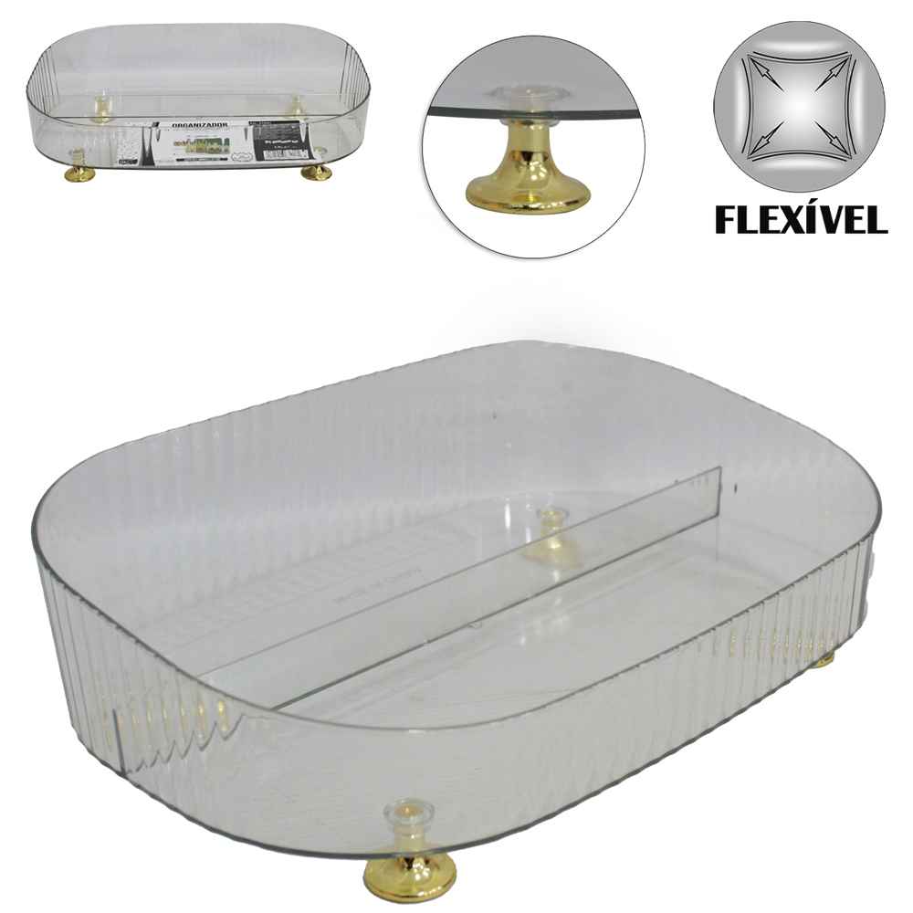 ORGANIZADOR DE PLASTICO PET FLEXIVEL OVAL COM 2 DIVISORIAS MULTIUSO 27X18X8,5CM