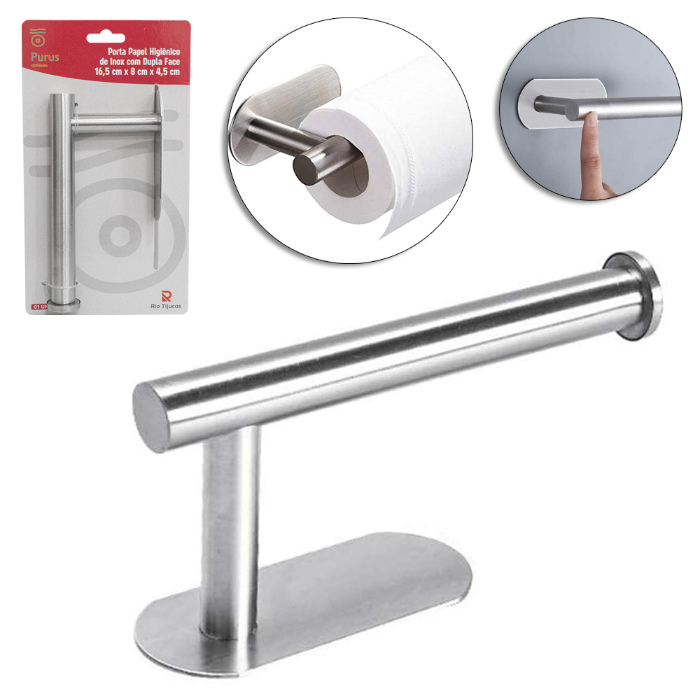 SUPORTE PORTA PAPEL HIGIENICO DE PAREDE DE INOX AUTOADESIVO 16,5X8X4,5CM