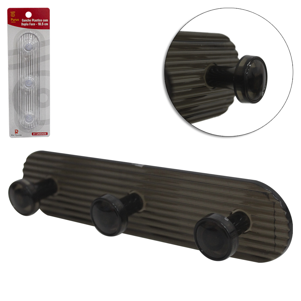CABIDE GANCHO DE PLASTICO OVAL COM 3 GANCHOS AUTOADESIVO PRETO / TRANSPARENTE 18,5X4X2,5CM