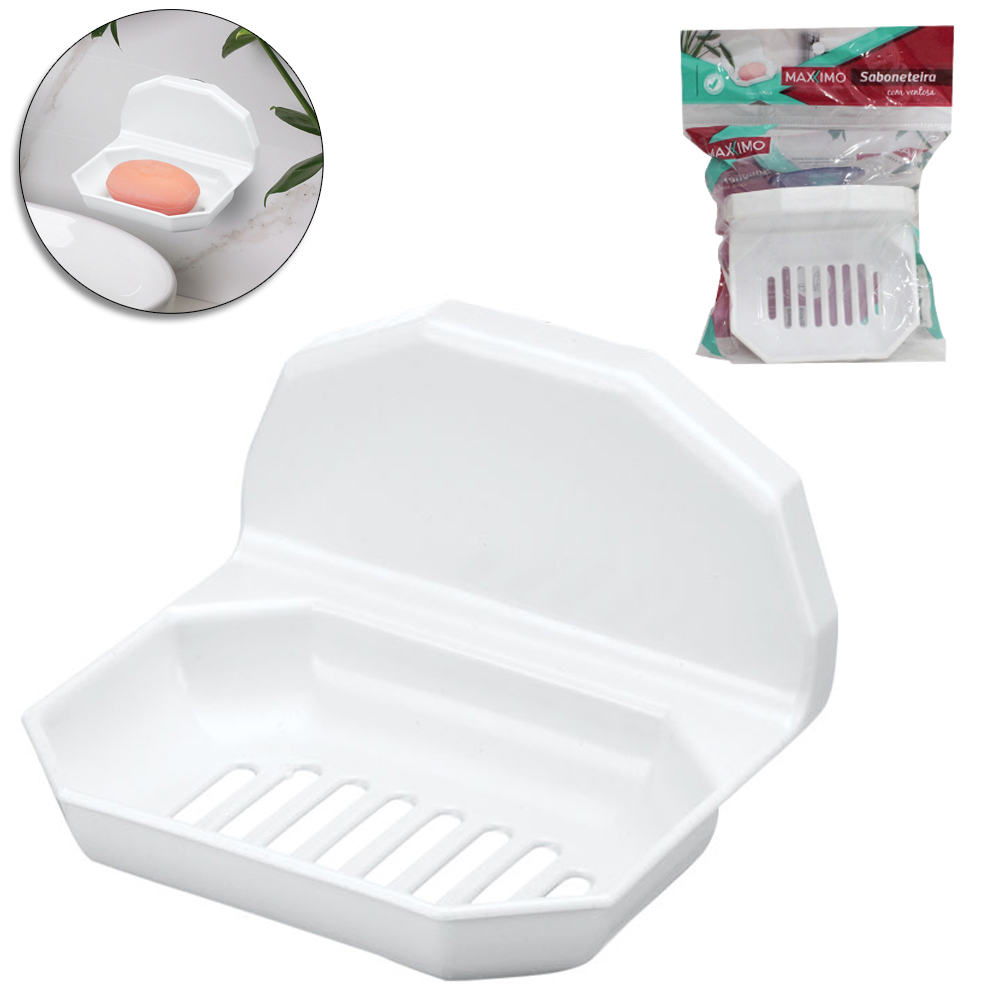 SABONETEIRA DE PAREDE DE PLASTICO PS BRANCO COM VENTOSA 12X10X8CM