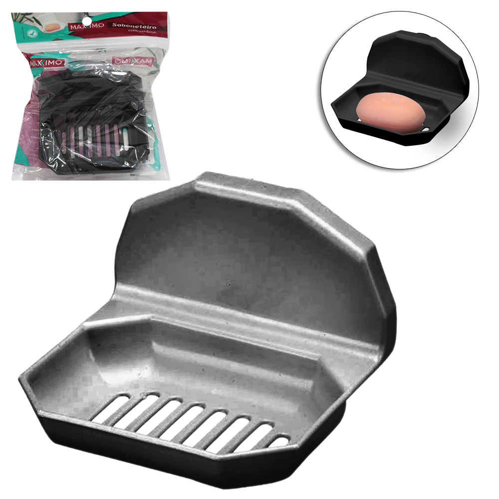 SABONETEIRA DE PAREDE DE PLASTICO PP PRETO COM VENTOSA 12X10X8CM