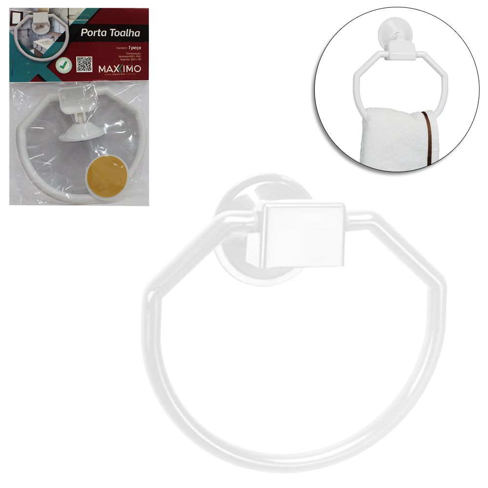 SUPORTE PORTA TOALHA DE ROSTO DE PAREDE DE PLASTICO BRANCO COM VENTOSA + AUTOADESIVO