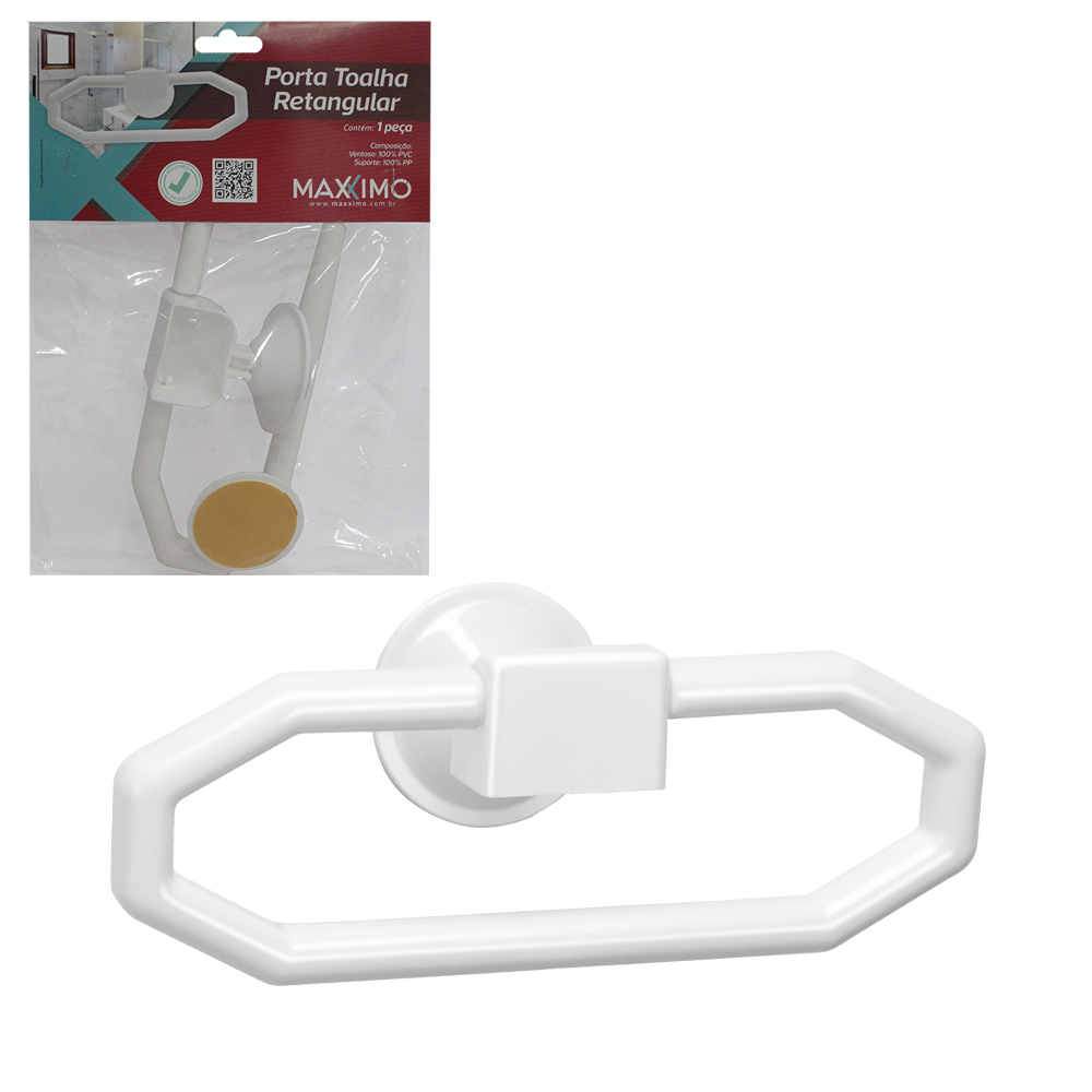 SUPORTE PORTA TOALHA DE ROSTO DE PAREDE DE PLASTICO RETANGULAR BRANCO COM VENTOSA + AUTOADESIVO