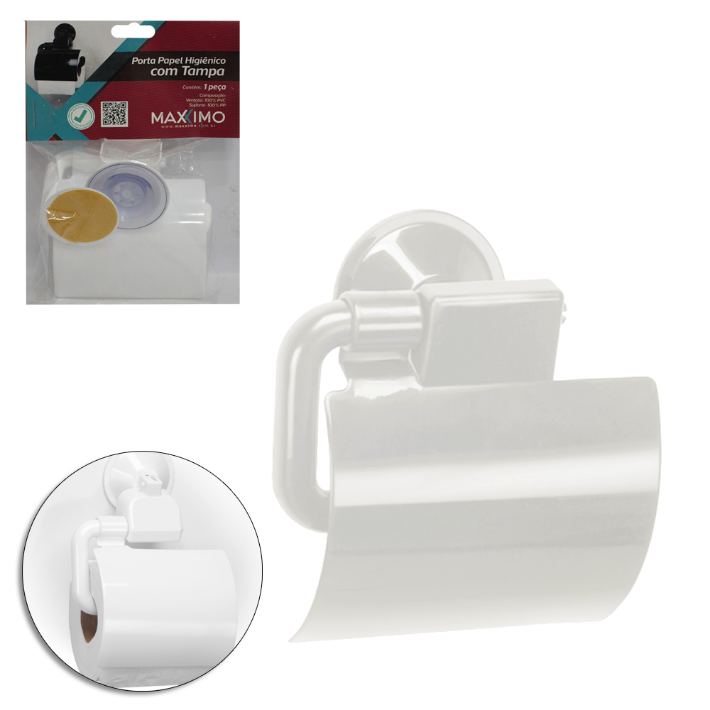 SUPORTE PORTA PAPEL HIGIENICO DE PAREDE DE PLASTICO BRANCO COM TAMPA + VENTOSA E AUTOADESIVO