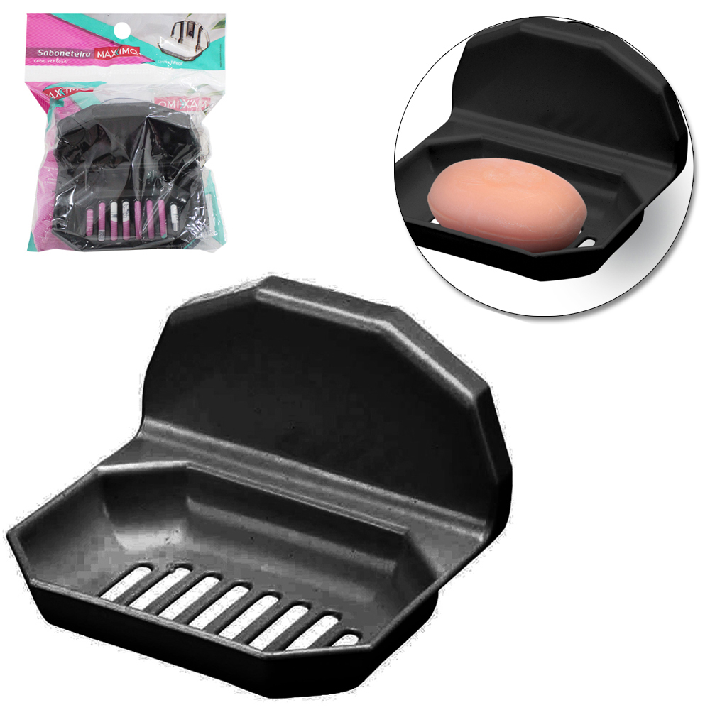 SABONETEIRA DE PAREDE DE PLASTICO PS PRETO COM VENTOSA 12X10X8CM