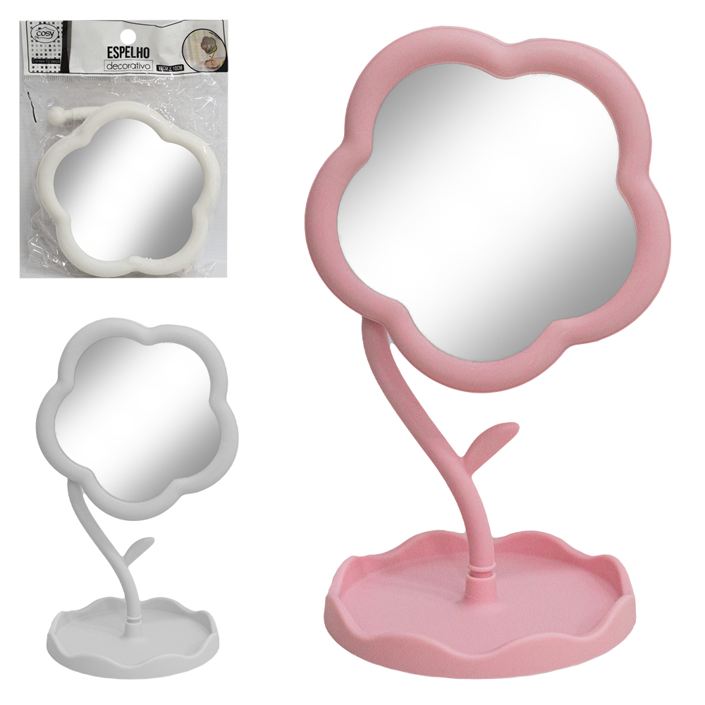 ESPELHO DE MESA FLOR COM BASE PORTA JOIAS + GANCHO DE PLASTICO 18X10CM