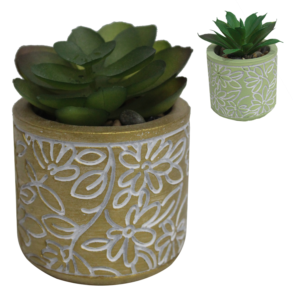FLOR ARTIFICIAL SUCULENTA COM VASO DE CIMENTO REDONDO 5X5CM DE Ø