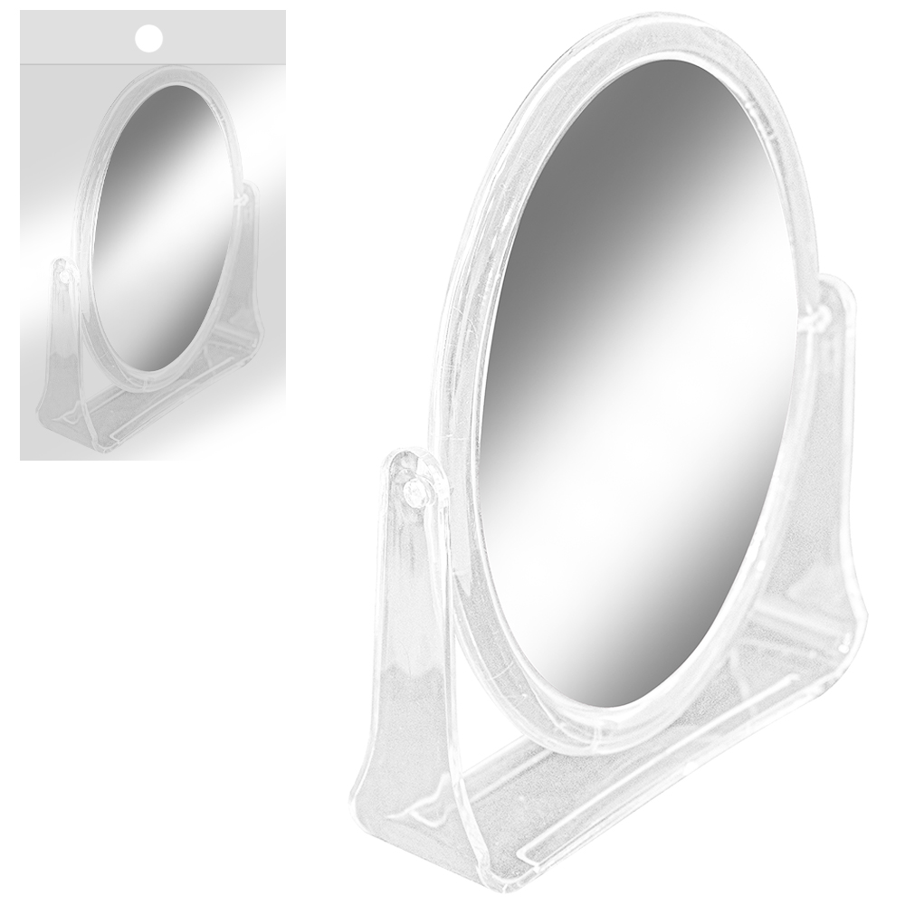 ESPELHO DE MESA OVAL DUPLA FACE COM BASE DE PLASTICO 16X13,5CM