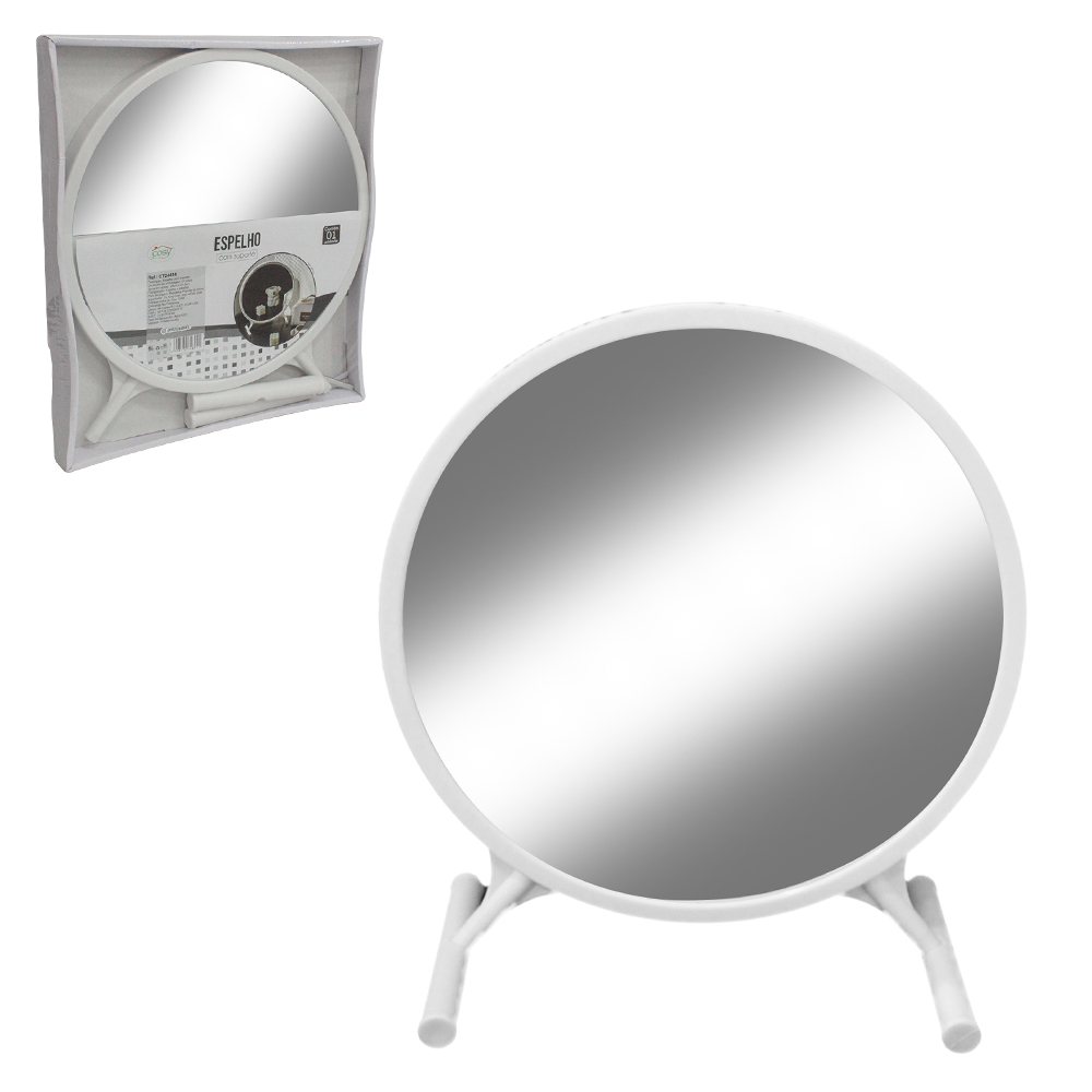 ESPELHO DE MESA REDONDO COM BASE DE PLASTICO 31,5X29CM DE Ø
